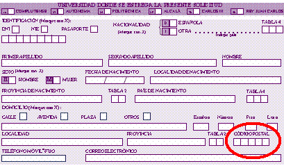 Ubicación del código postal en el formulario de admisión