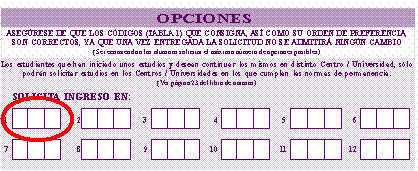Ubicación del código de estudio consignado en primera opción